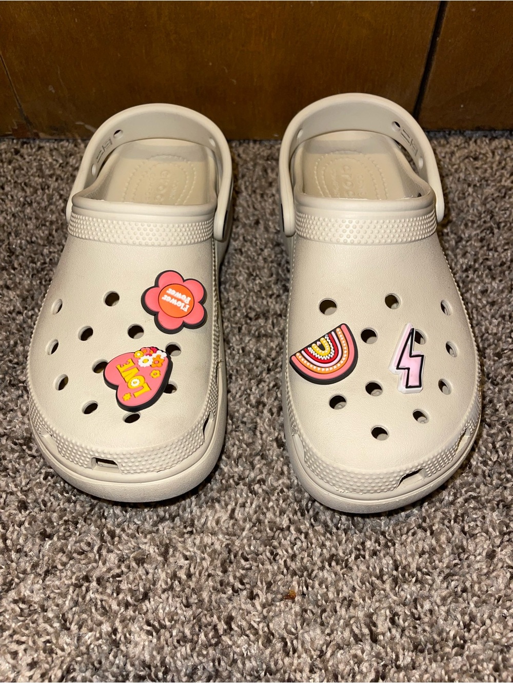 CROCS Women's Cream Classic Clog with Colorful Charms